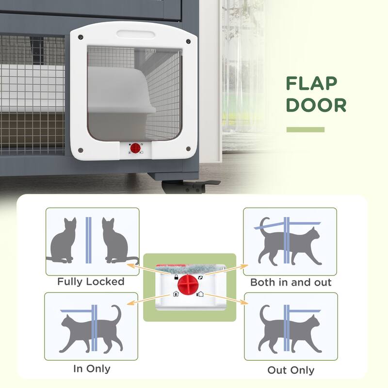 PawHut Cat House, Indoor Cat Enclosure on Wheels, Wooden Kitty Cage with Cat Flap Door - Gray