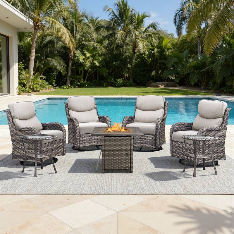 Meyreso 7-Piece Outdoor Patio Wicker Fire Pit 4 person Conversation Set with 5-Inch Thick Cushions