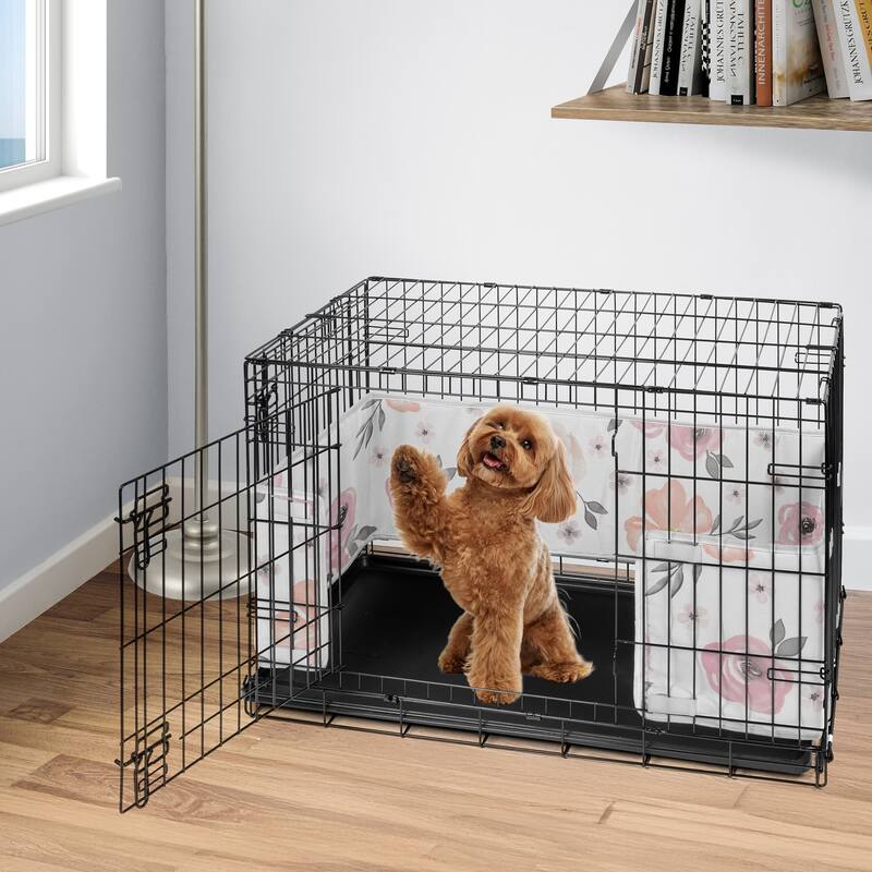 Sweet Jojo Designs Pink/Grey Boho Floral Girl Medium Dog Crate Bumper 36in. - Bohemian, Farmhouse, Shabby Chic, Rose, Watercolor