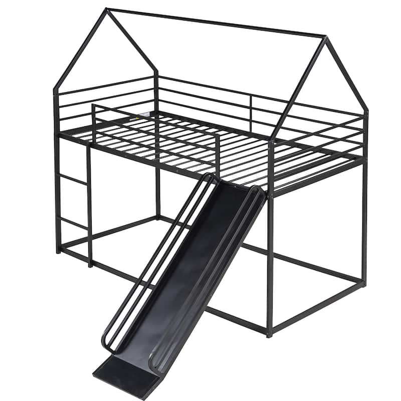 Twin over Twin House Bunk Bed with Ladder and Slide, White