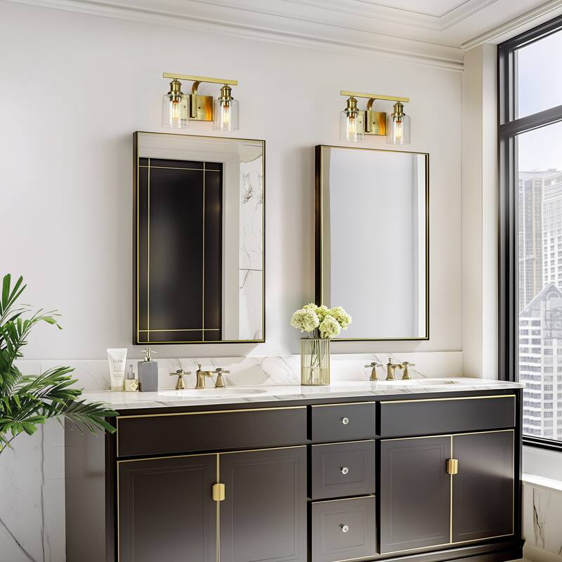 Oriva Modern 2-Light Gold Wall Sconce Cylinder Clear Glass Bathroom Vanity Light - Brushed Electroplated Copper - W14"xD6.5"xH9"