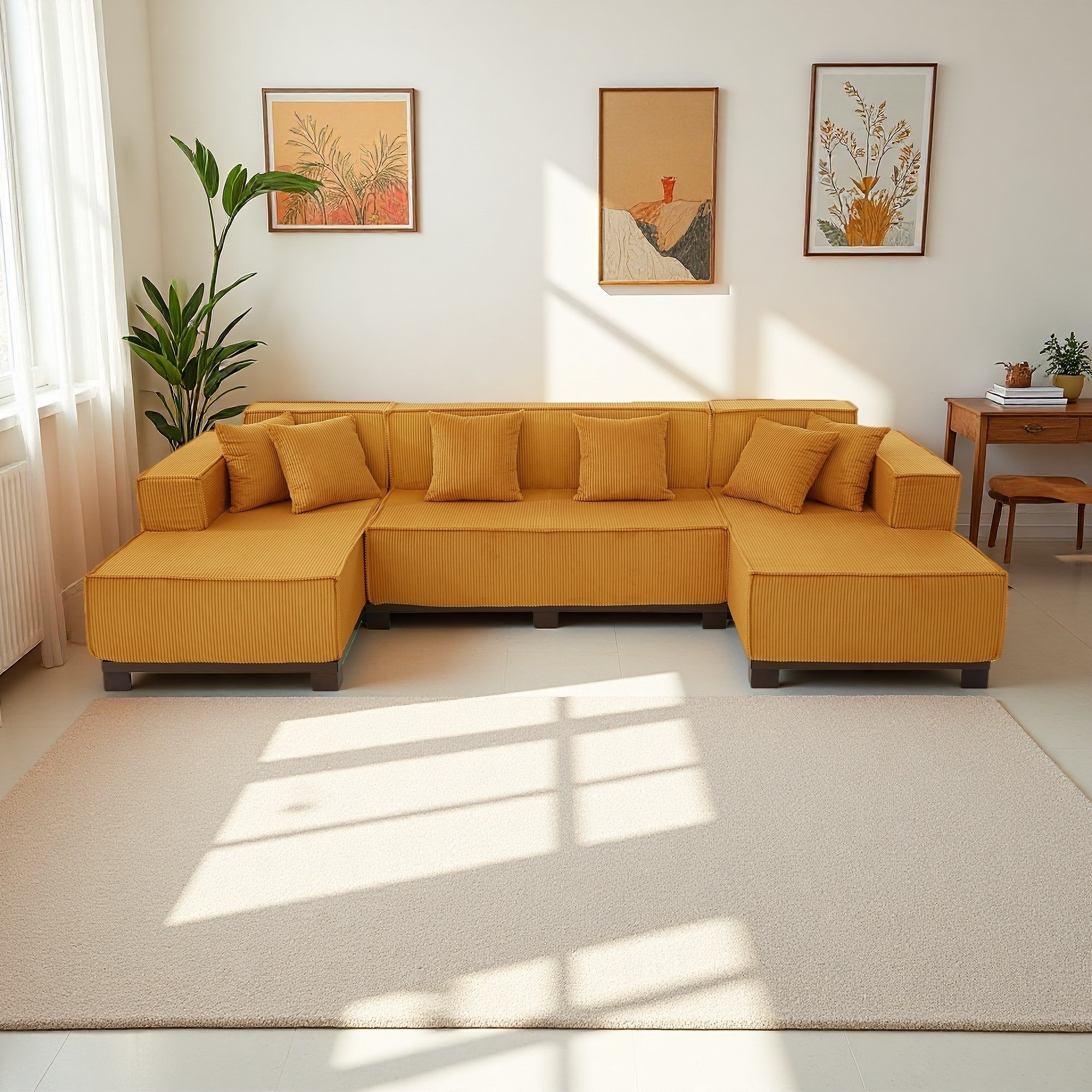 130" Corduroy U-Shaped Sectional Sofa with RGB LED Light Strip and 6 Pillows