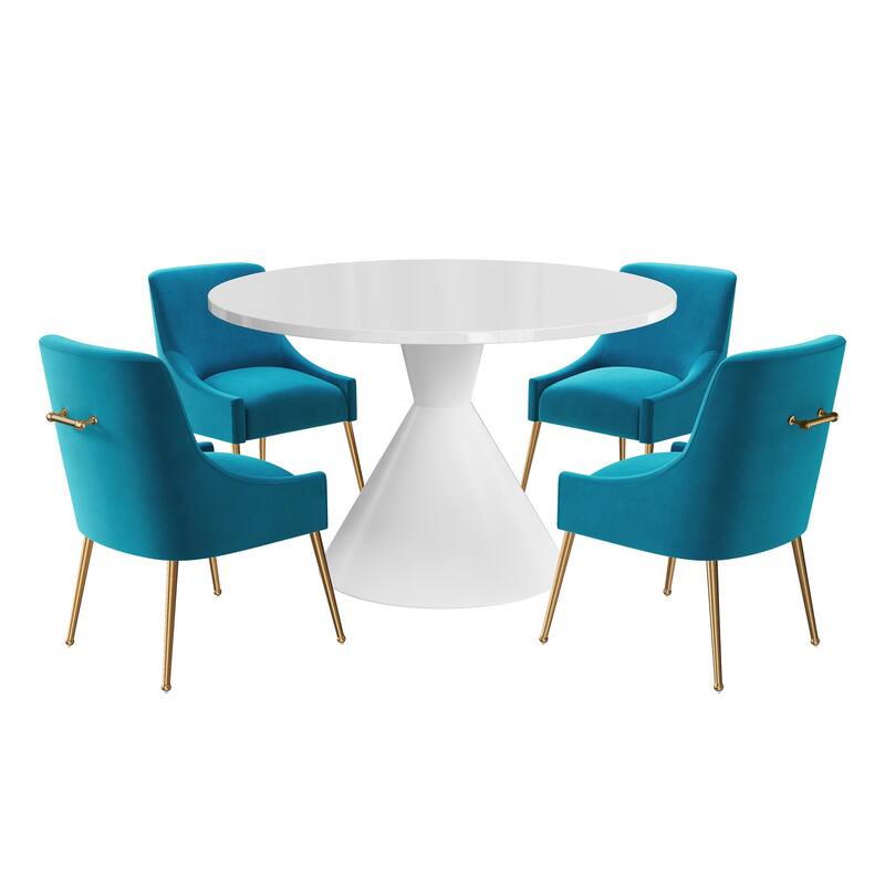 48" Light Luxury White High Gloss Large Countertop Dining Table with Velvet Dining Chair Set