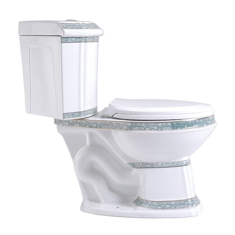 Corner Two Piece Toilet India Reserve with Elongated Bowl with Green Gold Accent and Slow Close Toilet Seat Renovators Supply