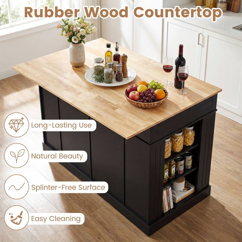 Gymax Large Kitchen Island Drop Leaf Breakfast Bar w/ Wood Top Shelves