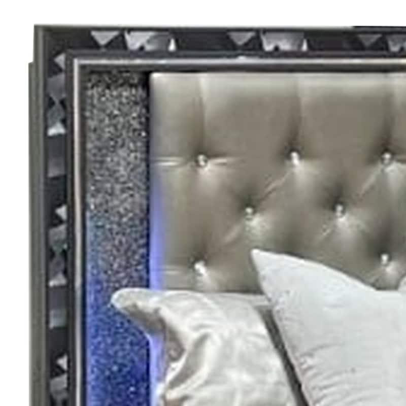 Bet King Bed, Silver Faux Leather Upholstery, LED, Crystal Accents, Black