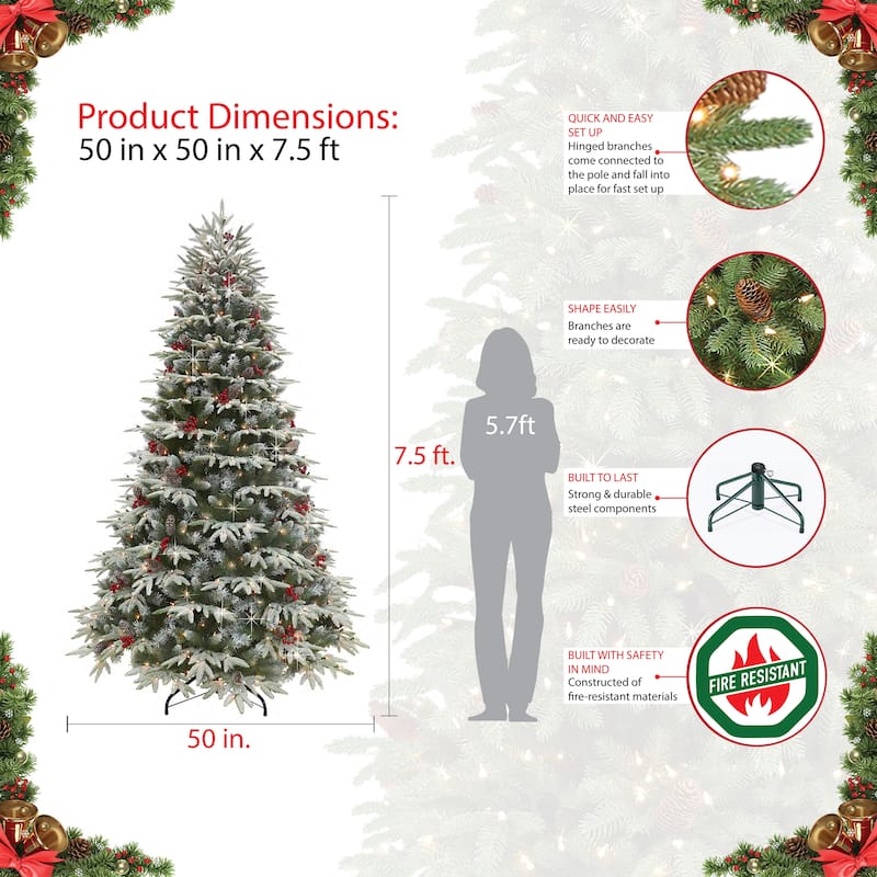 Puleo International 7.5 ft Pre-Lit Flocked Halifax Fir Artificial Christmas Tree