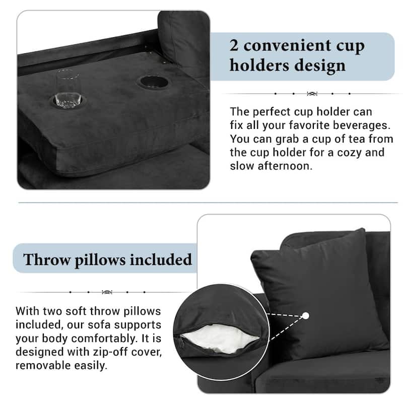 105" Modern Velvet L-shape Reversible Sectional Sofa with 2 Pillows and Cup Holders