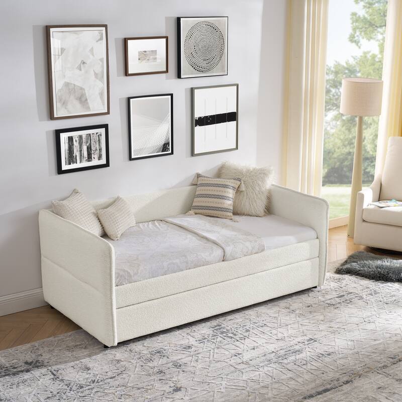 Roomfitters Twin/Full Boucle Daybed with Trundle, Upholstered Sofa Bed Frame with Vertical Stripes, Beige