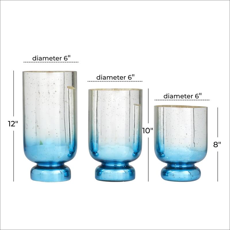 Glass Pillar Hurricane Lamp with Ombre Effect and Gold Interior - Set of 3 Silver, White, Blue - Roche River Decor