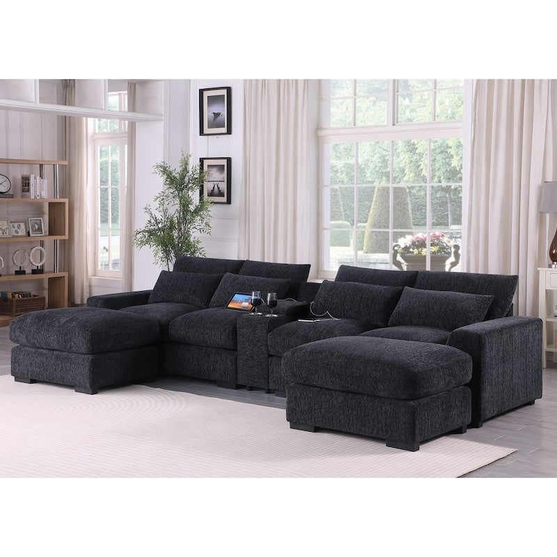 Modern Modular Sectional Sofa with Ottomans and Built-in Console, Cupholders