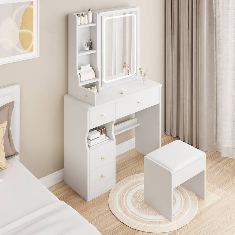 Small Space Left Drawer Desktop Vanity Table,Cushioned Stool,Extra Large Touch Control Sliding LED Mirror