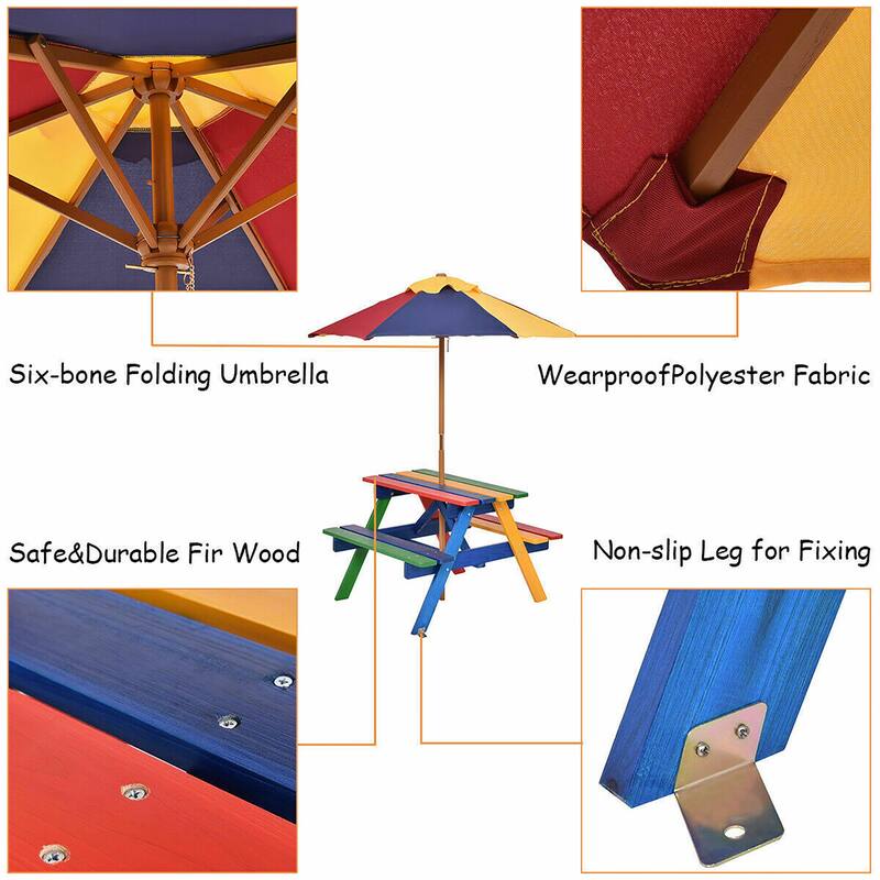 Costway 4 Seat Kids Picnic Table w/Umbrella Garden Yard Folding