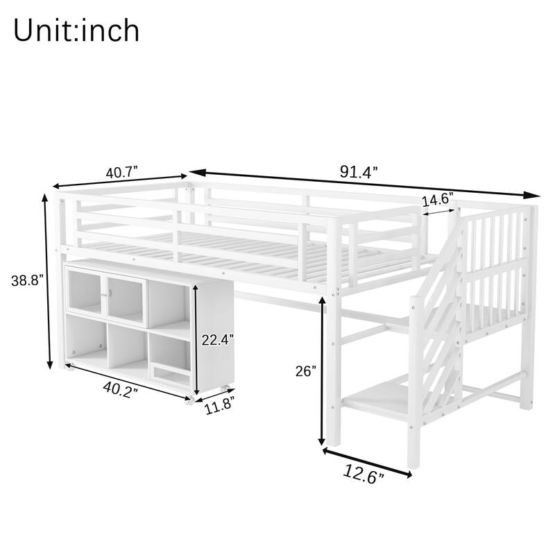 Twin Size Metal Loft Bed with Movable Storage Cabinets, Low Loft Bed Metal Frame Bed with Stairs for Kids