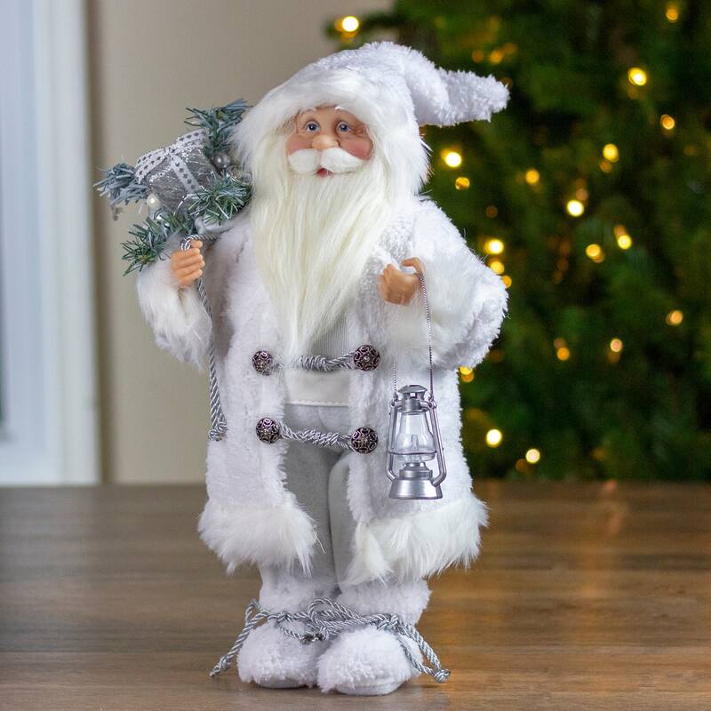 16" White Frost Standing Santa Claus Christmas Figurine with Lantern