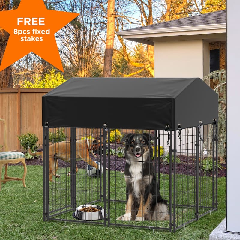 Heavy Duty Outdoor Dog Kennel Iron Fence with UV-Resistant Oxford Roof - 50"x48"x53" 