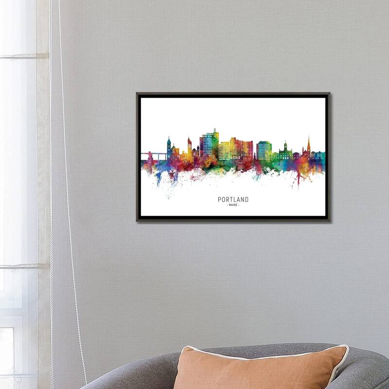 iCanvas "Portland Maine Skyline City Name" by Michael Tompsett Framed