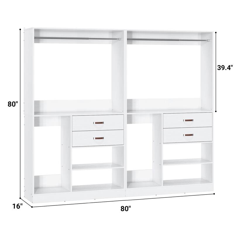 Set of 2 Freestanding Closet Organizer with Hanging Rods and Drawers, Closet System for Walk-in Closet