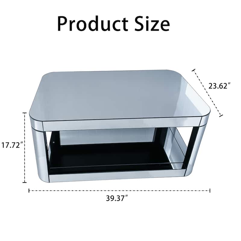 Modern Rectangular Center Table Floor-standing Mirrored Coffee Table Glam Silver Accent Table with Curved Edge and Open Shelf