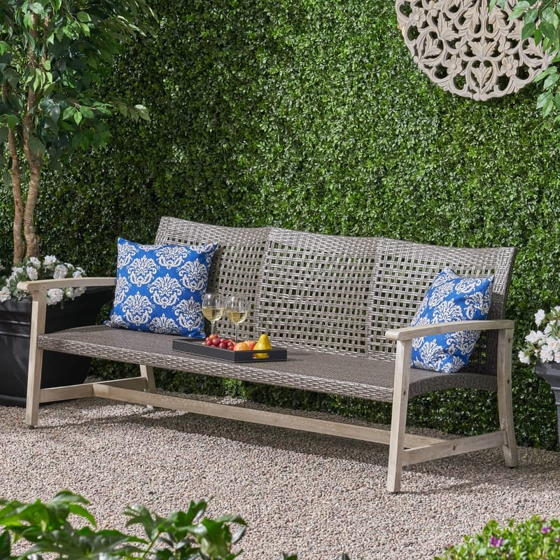 Outdoor Acacia Wood Wicker 3 Seater Sofa, Patio Furniture Conversation Set for Backyard