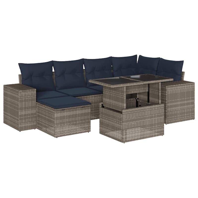 vidaXL Patio Sofa Set with Cushions Table and Couches 7 Piece Poly Rattan