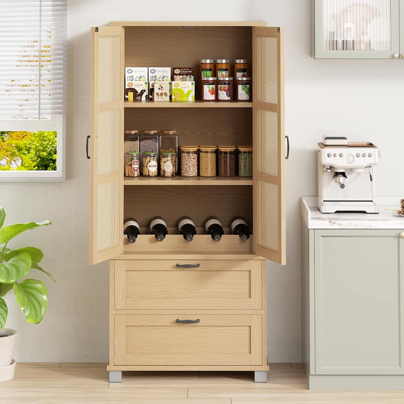 Rattan Door Pantry Storage Cabinet with Wine Rack - Freestanding Storage Organizer with Anti-Tip