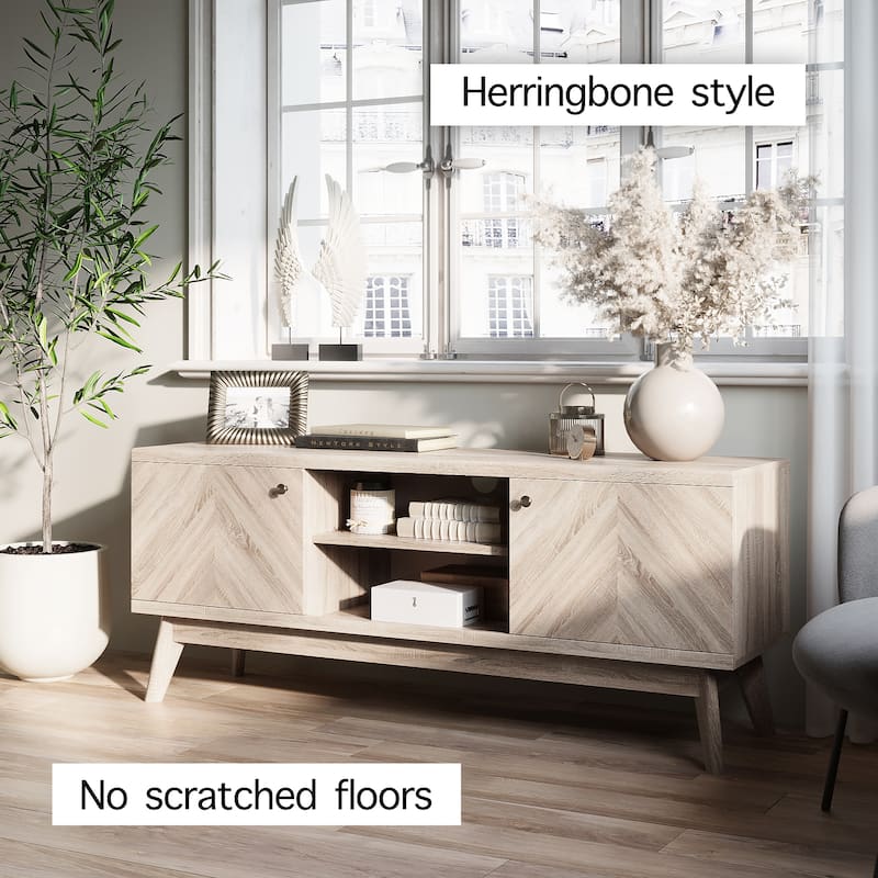 Living Skog Scandi Mid-Century Modern Herringbone TV Stand for TV Up to 65 Inches with Wooden Legs