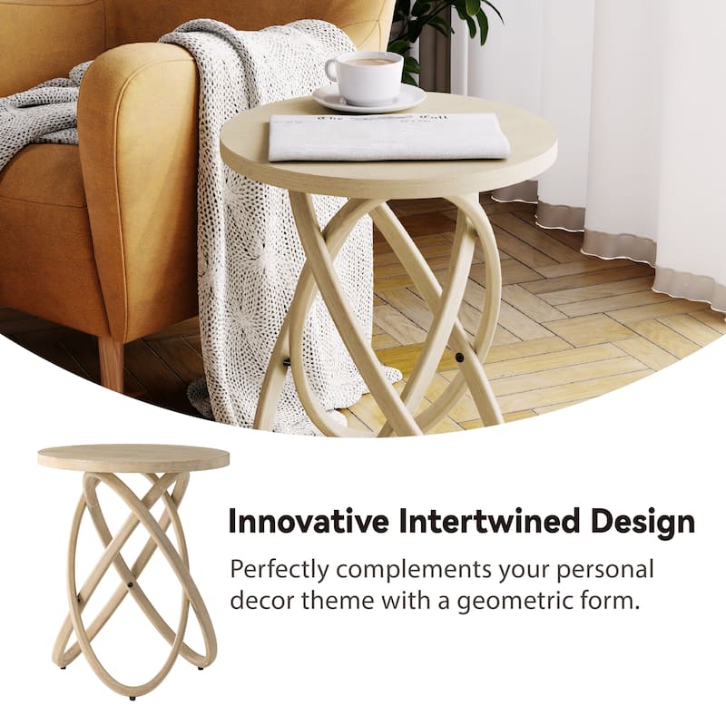COZAYH Farmhouse End Table Round Wood Side Table Rustic Plant Stand With Intertwined Line Design