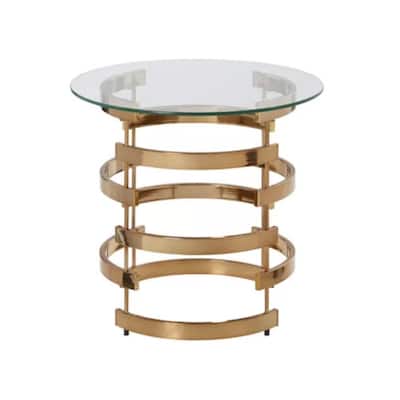 21" Contemporary Round End Table with Glass Top and Gold Iron Base for Living Room or Bedroom - 21.25" H x 23.25" W x 23.25" D