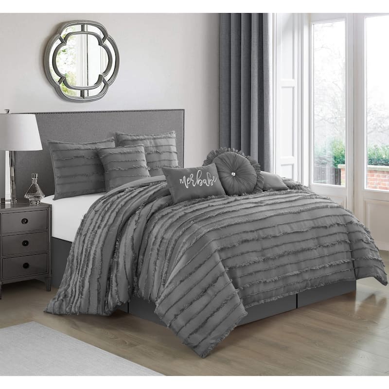 Porch & Den Summerwood Solid Color Fringe Stripe 7-piece Comforter Set - Grey - King