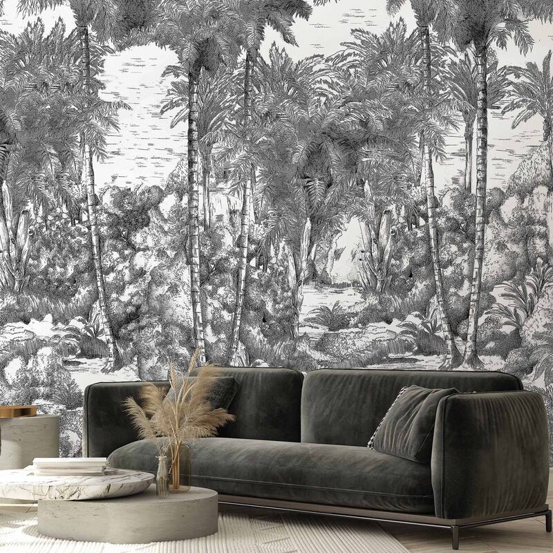 Monochrome Jungle Hand-Drawn Tropical Wallpaper Mural