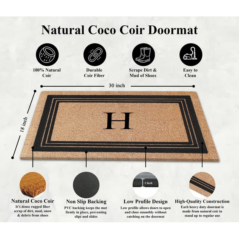 A1HC Natural Coir Monogrammed Entrance Door Mats, Durable Large Outdoor Rug, Non-Slip, Flock Doormat 18"X30"