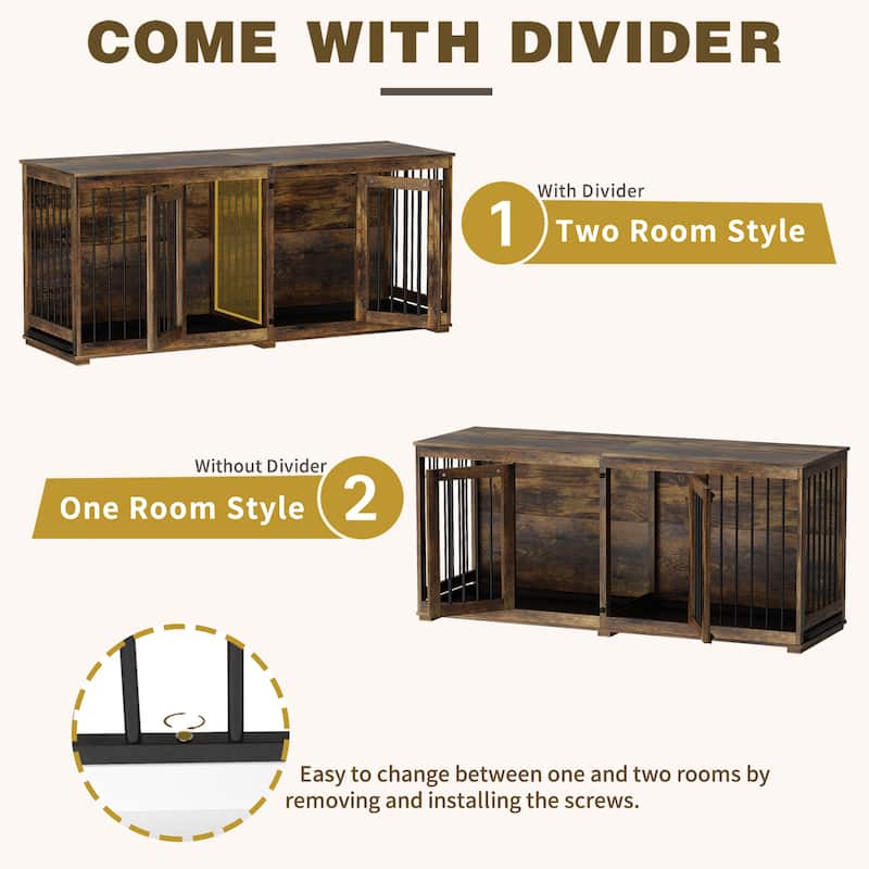 70'' W Dog Crate Furniture, Dog Kennel Furniture with Divider & trays