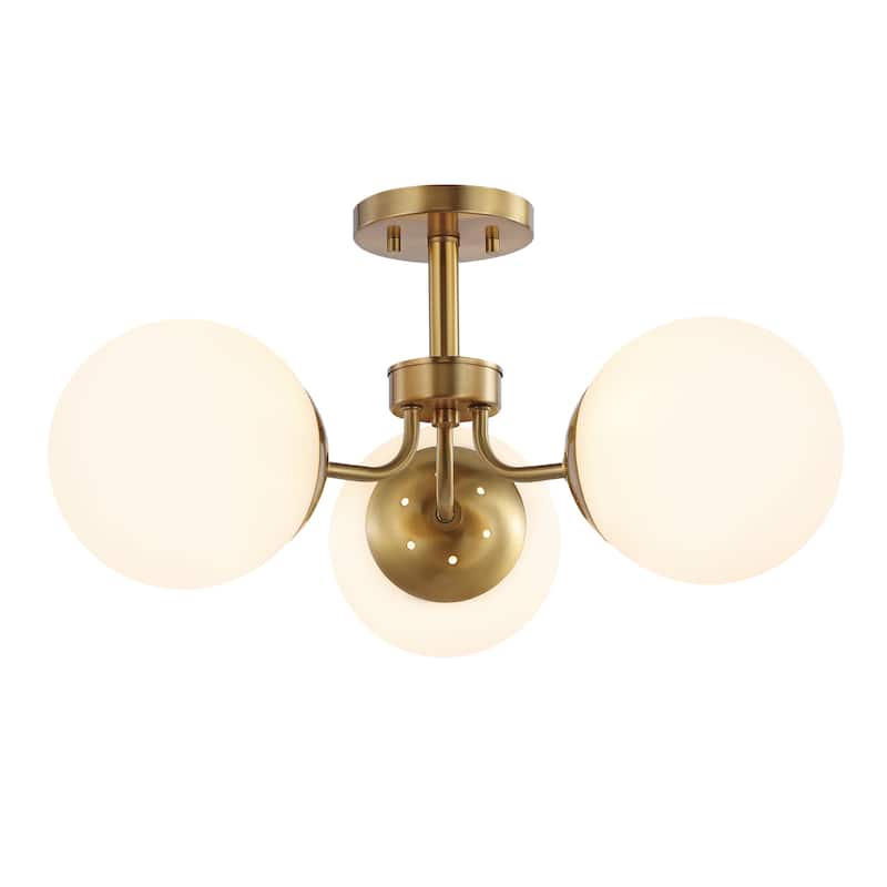 Ojai 23.5" 3-Light Bohemian Farmhouse Iron/Frosted Glass LED Semi Flush Mount, Brass Gold/White by JONATHAN Y