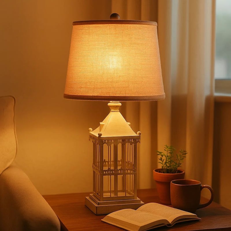 Metal Temple Design Base Table Lamp with Fabric Shade, Beige and Gray