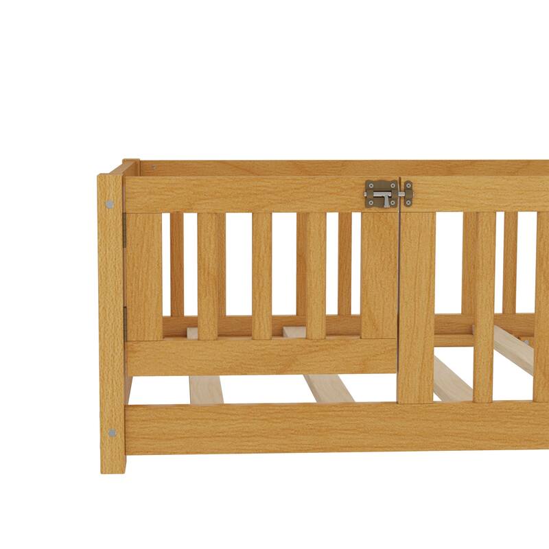 Natural Twin Size Bed Floor Bed w/ Safety Guardrails & Door for Kids