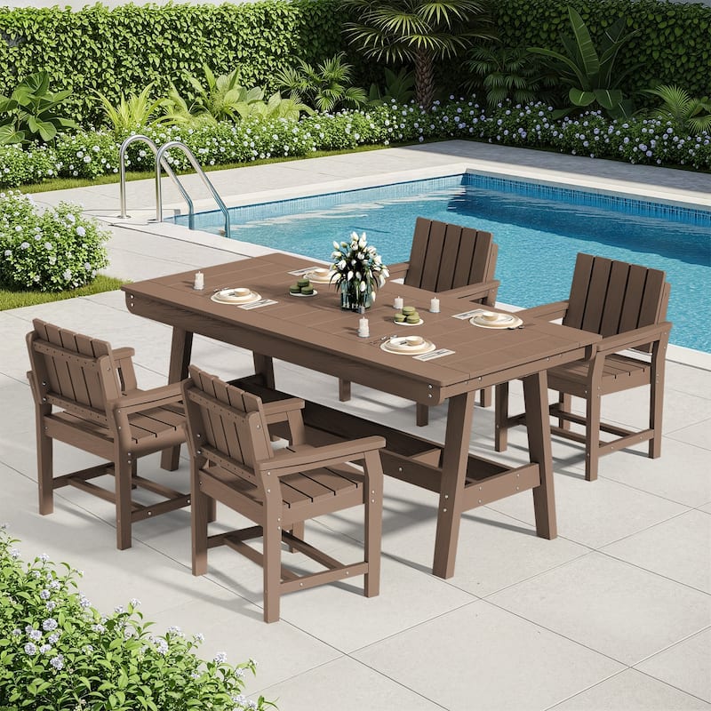 HDPE Patio Dining Set with Rectangular 67.91in W Table with Umbrella Hole and 4 Chairs - N/A