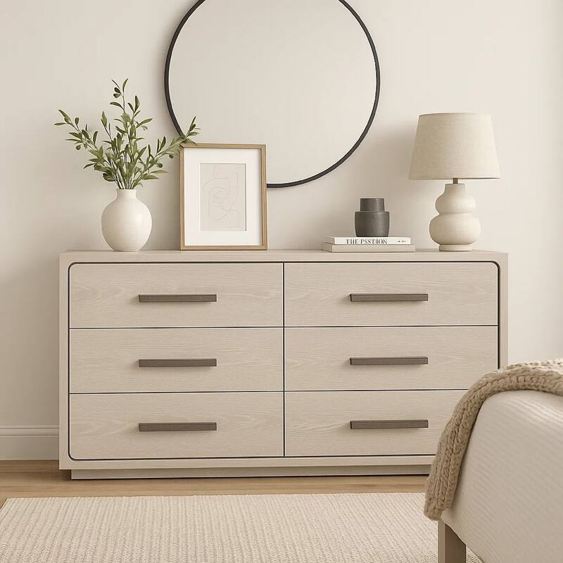 Thorne 6 Drawer 62 Inch Wide Dresser, White Oak Solid Wood Bedroom Storage