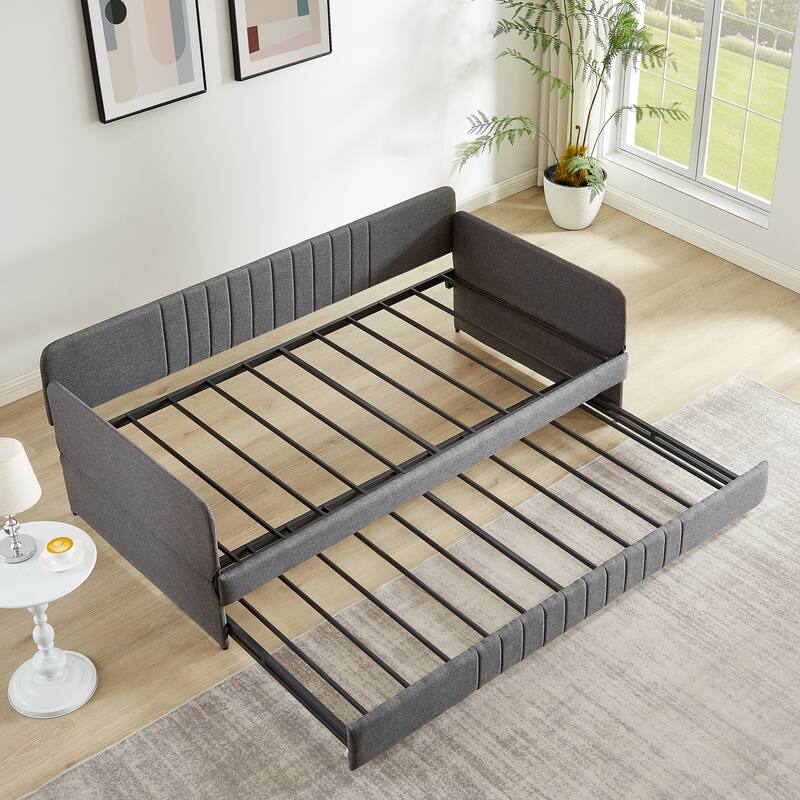 Grey Metal Daybed with Trundle, Twin Size, Space-Saving Design