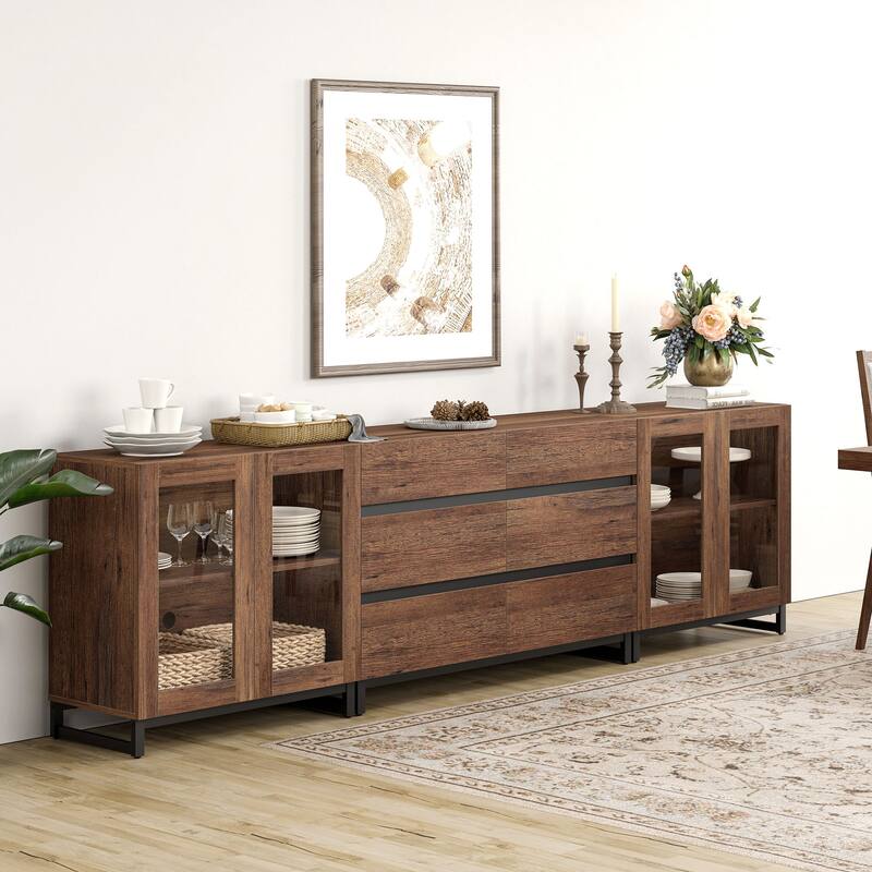 WAMPAT 3 in 1 Multifunctional Dresser with Glass Doors and 6 Drawers, Modern Chest of Drawers for Bedroom