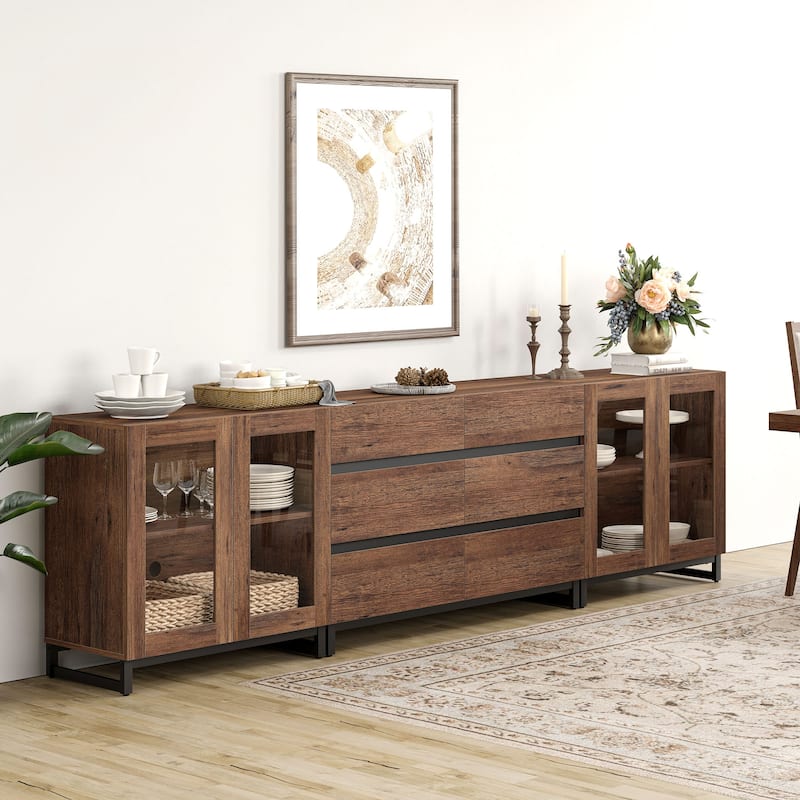 WAMPAT 3 in 1 Multifunctional Sideboard Buffet Cabinets with 6 Glass Doors, Coffee Bar Cabinet Storage Cabinet for Kitchen - 94.5 inches - Brown