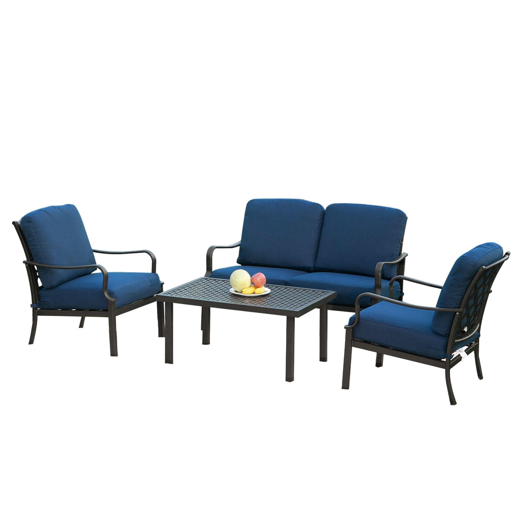 Rustic Patio Conversation Set with Loveseat & Club Chairs, Navy Blue Outdoor Chat Set with Coffee Table