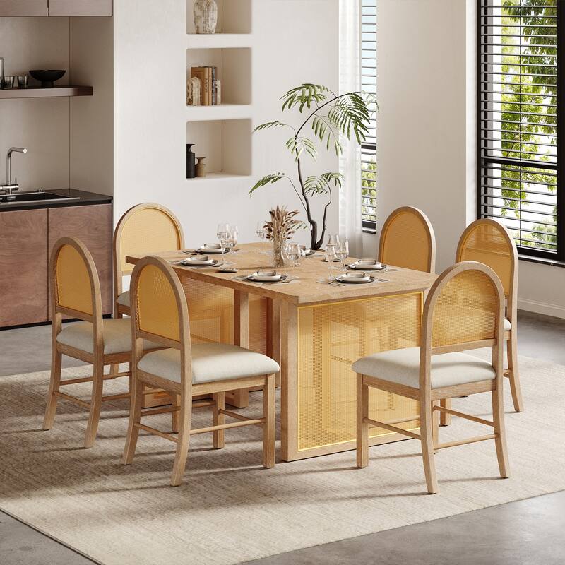 Roomfitters Farmhouse Rectangular Dining Table, 6 Rattan Chairs, 7-Piece Kitchen Furniture Set - Beige+Natural