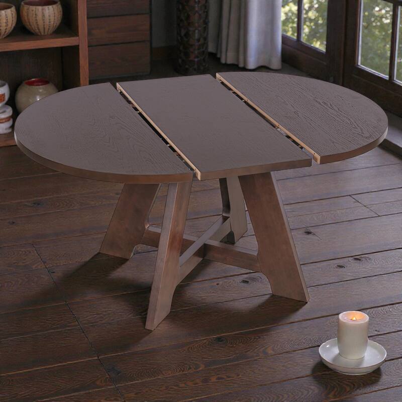 5-Piece Farmhouse Extendable Round Dining Table Set with 18" Removable Leaf and 4 Upholstered Chairs for Small Spaces