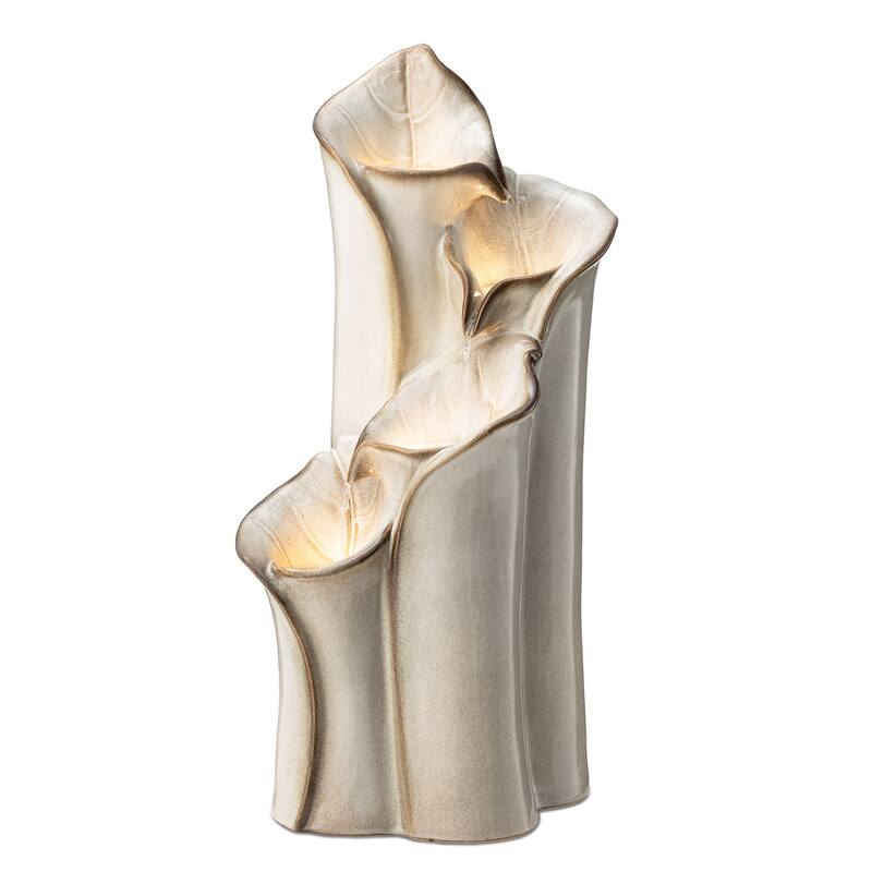 Glitzhome 31"H 4-Tiered Lotus Leaf Textured Ceramic Vase Outdoor Floor Fountain with LED - White