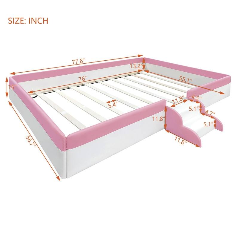 Twin/ Full/ Queen/ King Size Upholstered Kids Floor Bed Frame with Guardrail and Little Stairs, Soft PU Platform Bed