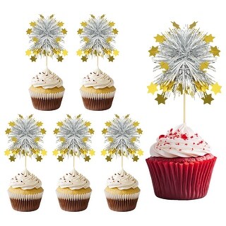 30 PCS Foil Firework Cupcake Toppers - Sparkle Tinsel Picks For Birthday, Baby Shower, Graduation Parties (Yellow)
