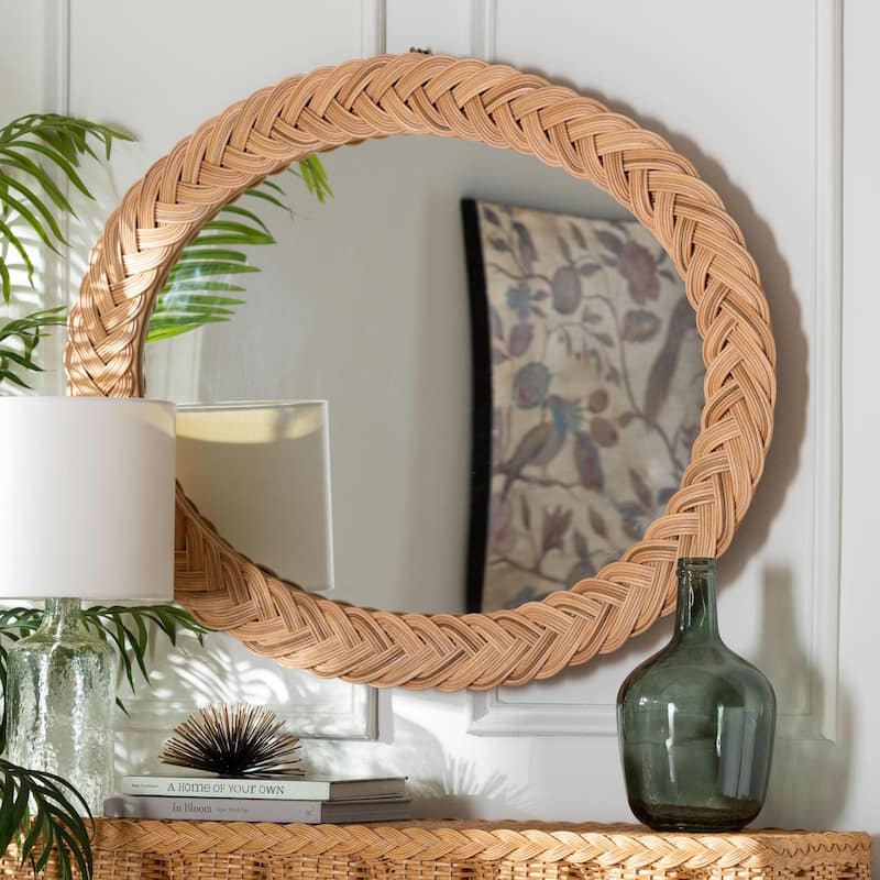 Nara Natural Rattan Wall Mirror - Handwoven Braided Wicker Frame, Coastal Boho Wall Decor for Entryway, Bedroom, or Living Room