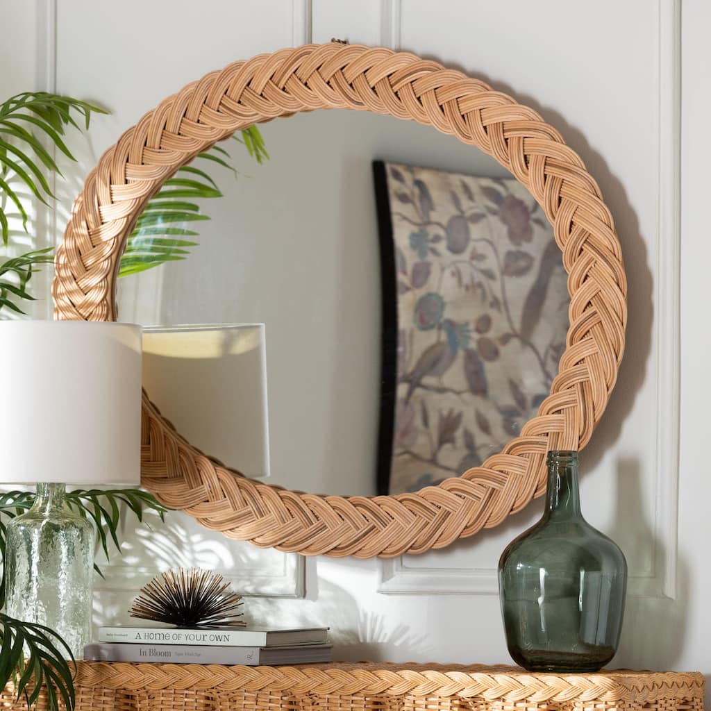 Nara Natural Rattan Wall Mirror - Handwoven Braided Wicker Frame, Coastal Boho Wall Decor for Entryway, Bedroom, or Living Room