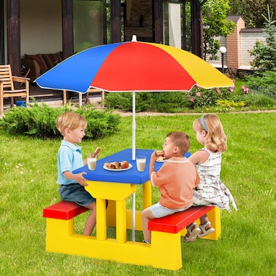 Kids Portable Picnic Table Bench Set with Removable Umbrella